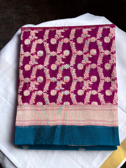 Semi Silk Cotton saree - Blue & Pink