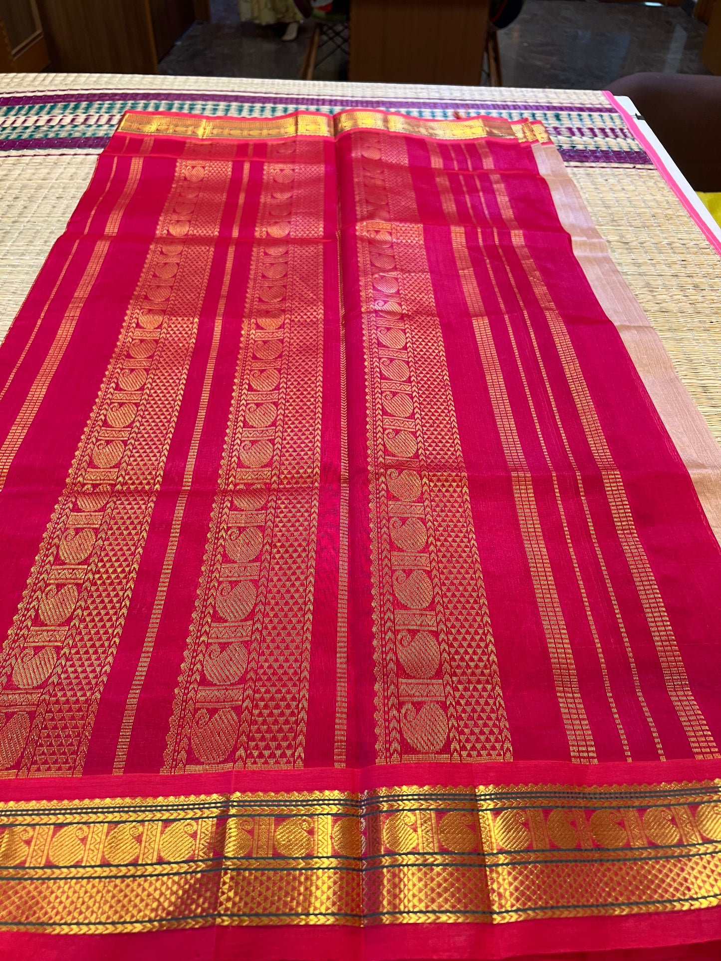 Beige & pink silk cotton saree