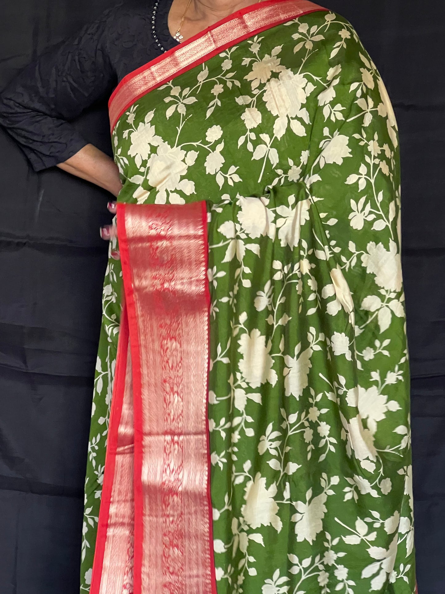 Olive green & red semi crepe silk saree