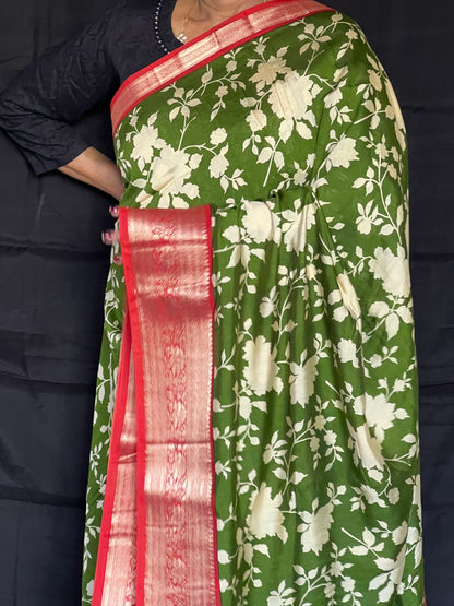 Olive green & red semi crepe silk saree