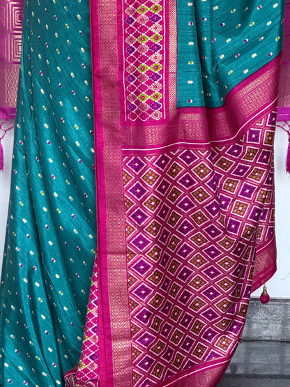 Blue and pink semi patola saree