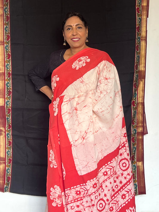 Red and white jaipur cotton saree