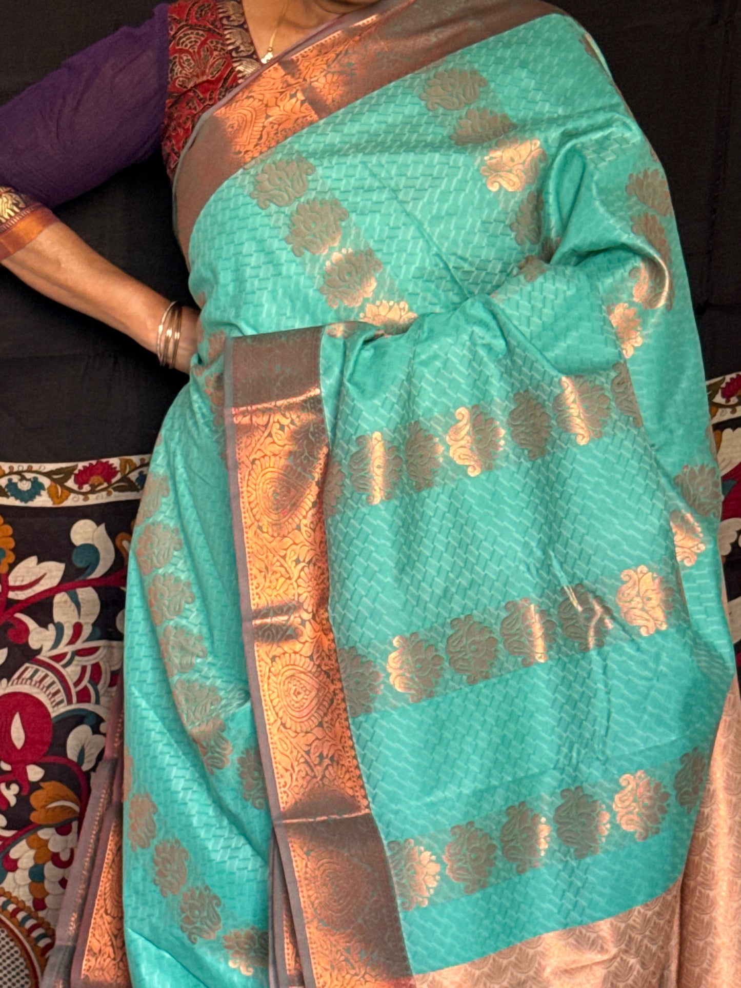 Teal blue & cream semi silk saree