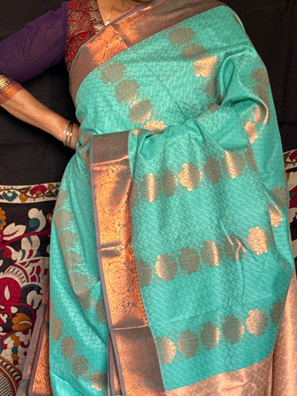 Teal blue & cream semi silk saree