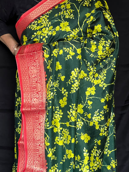 Green Semi printed Crepe Saree