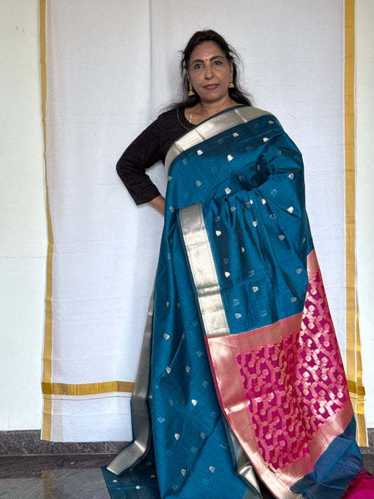 Semi Silk Cotton saree - Blue & Pink