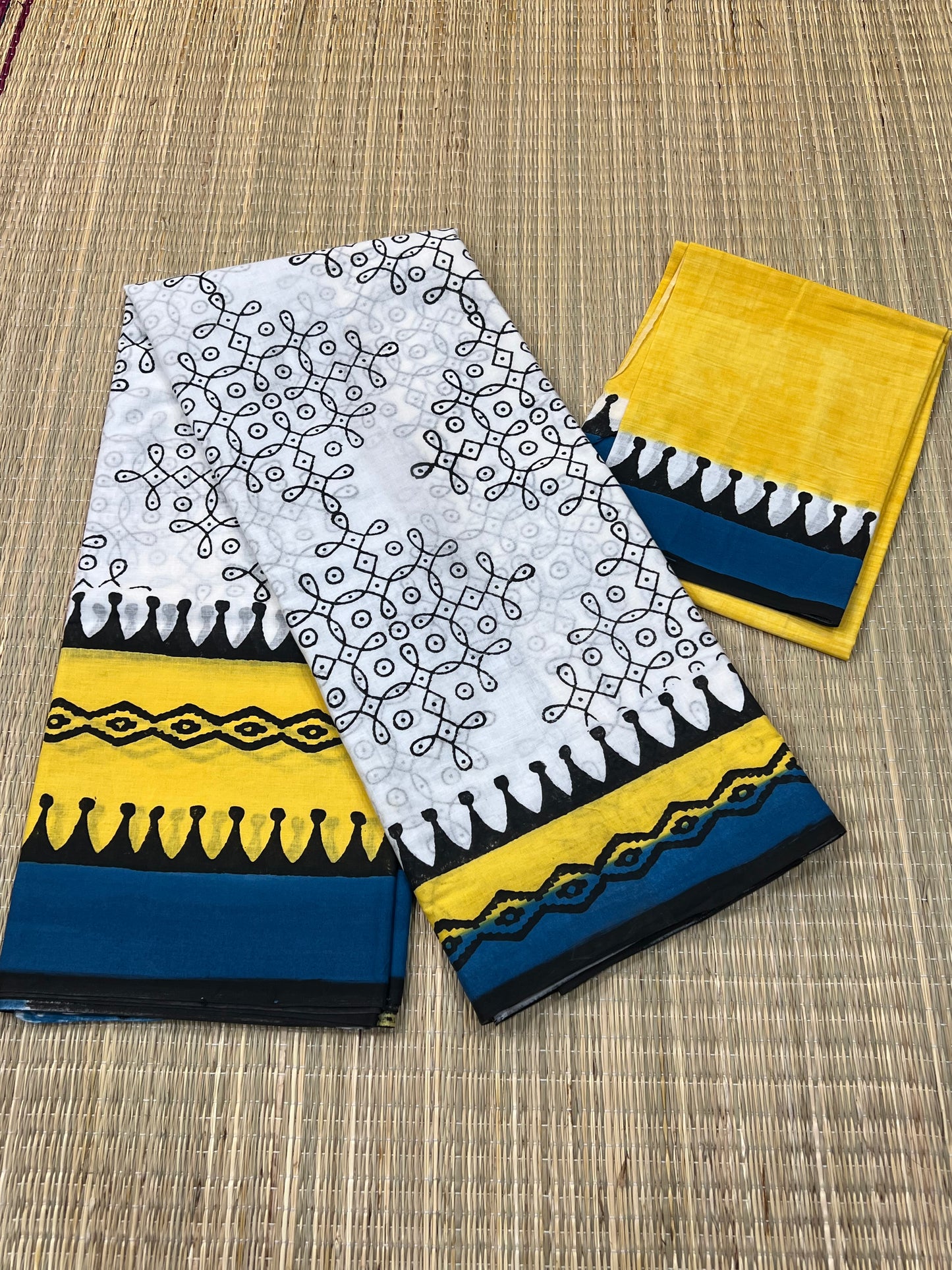 Yellow blue mul cotton saree