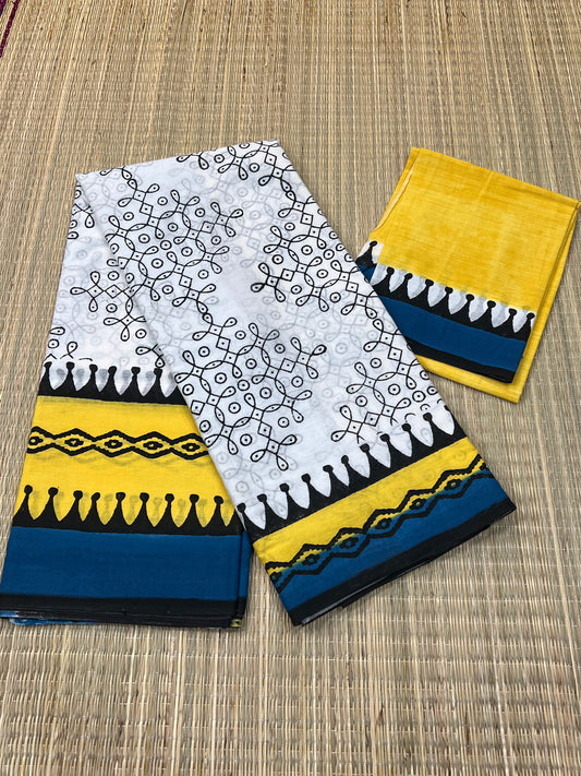 Yellow blue mul cotton saree