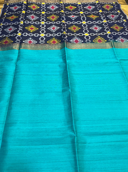 Turquoise blue raw silk saree