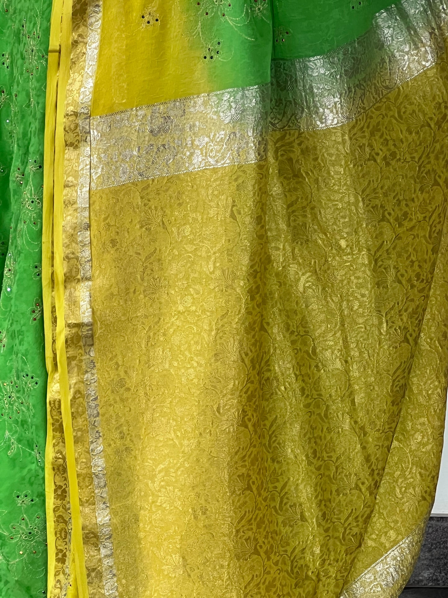 Green and Yellow Chiffon with stone work