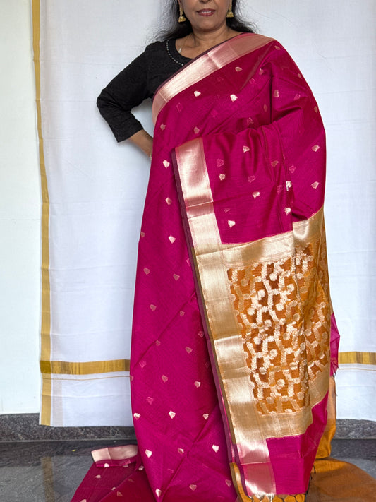 Semi Silk Cotton saree - Pink & Mustard