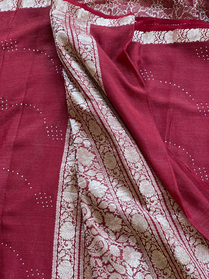 Maroon pure crepe saree with white stone