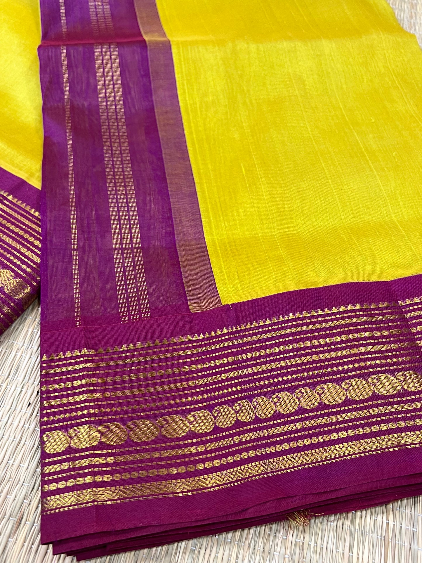 Lime yellow silk cotton saree
