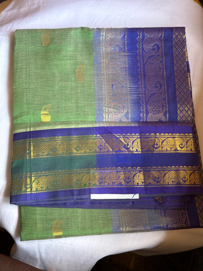 Green Silk Cotton Saree With Purple Border
