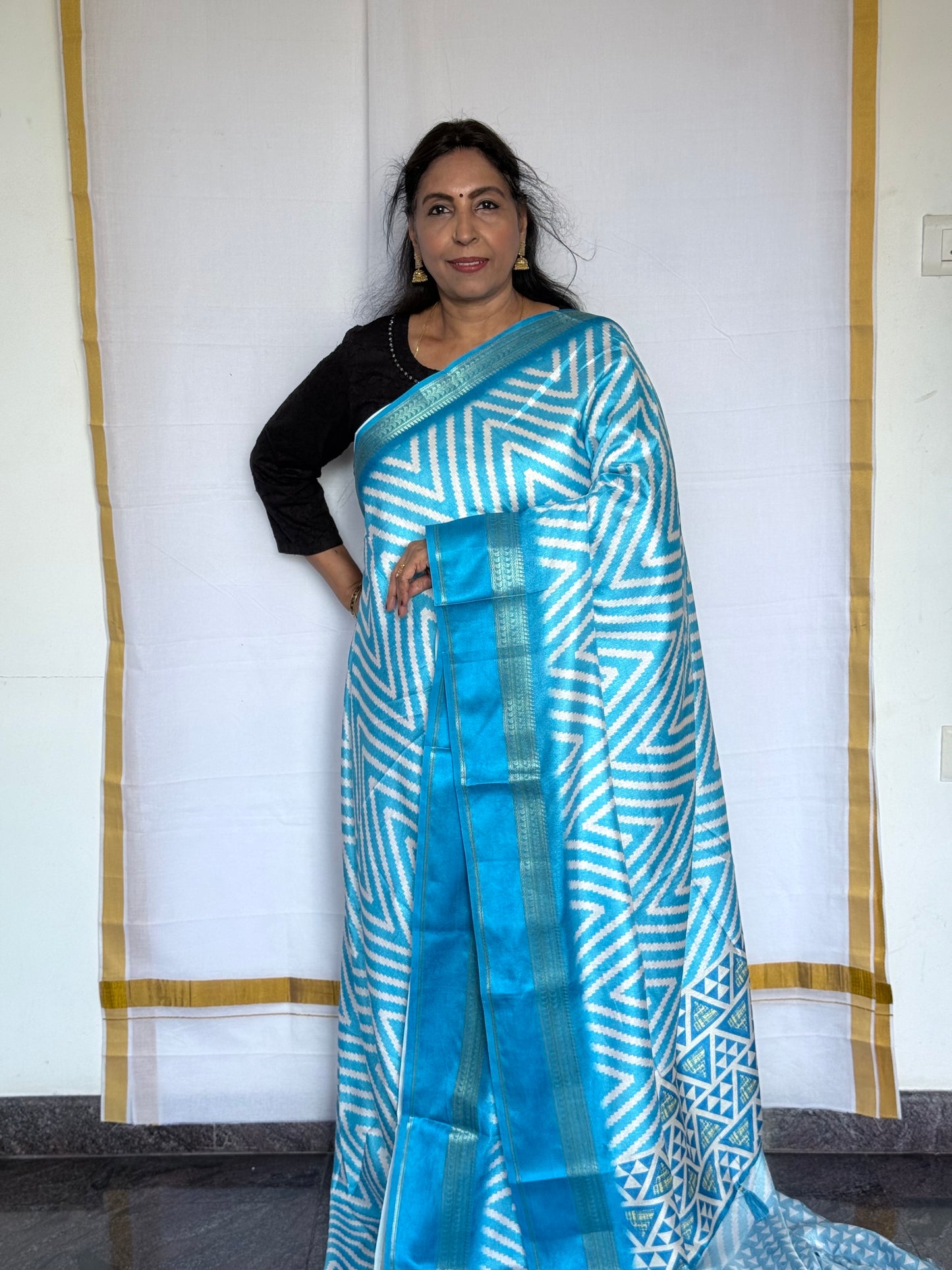 Semi Crepe Printed Saree – Blue
