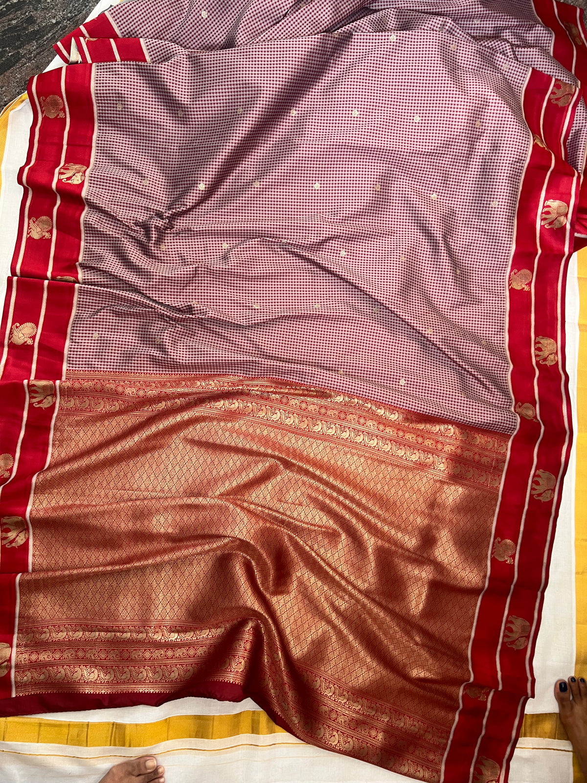 Red checks semi silk saree