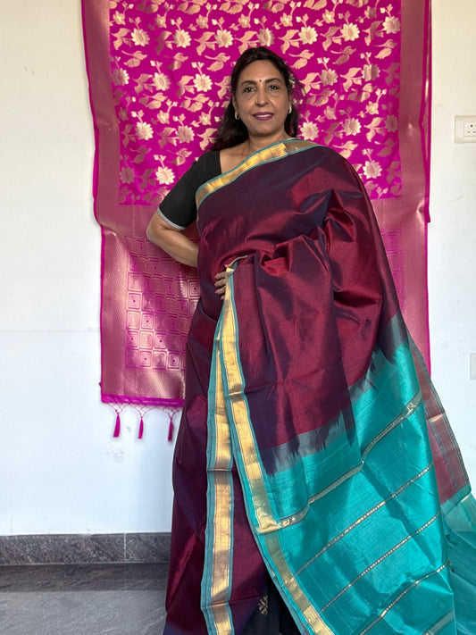 Maroon silk cotton with blue pallu