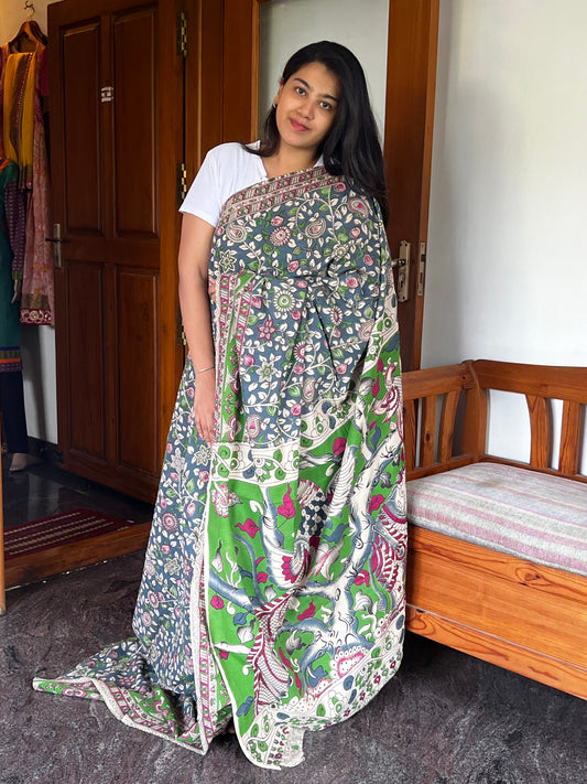 Grey cotton Kalamkari saree