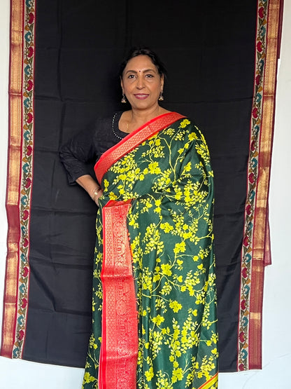 Green Semi printed Crepe Saree