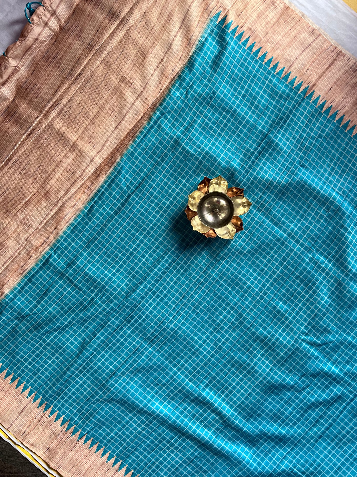 Blue checked tussar silk saree