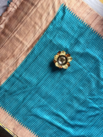 Blue checked tussar silk saree
