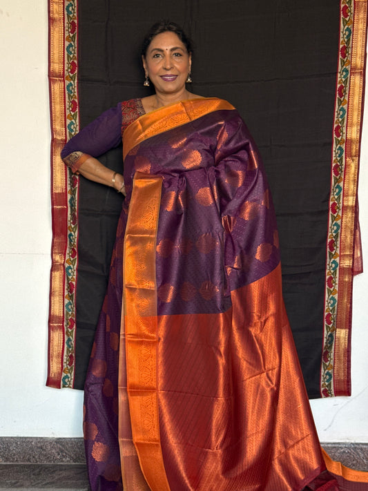 Dark grape & copper gold semi silk saree