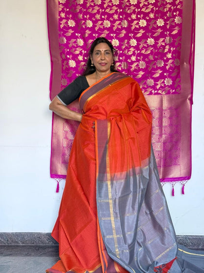 Checked Silk Cotton saree - Orange & Grey