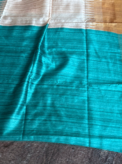 Semi tussar saree with contrast teal pallu