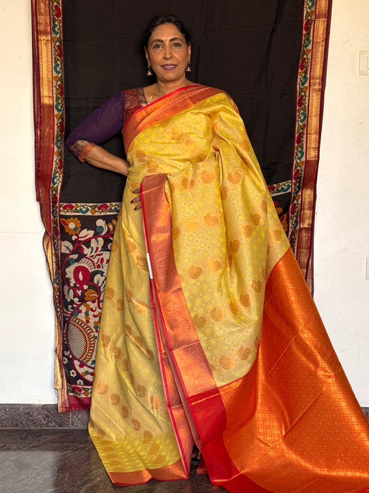 Chic Yellow & red semi silk saree