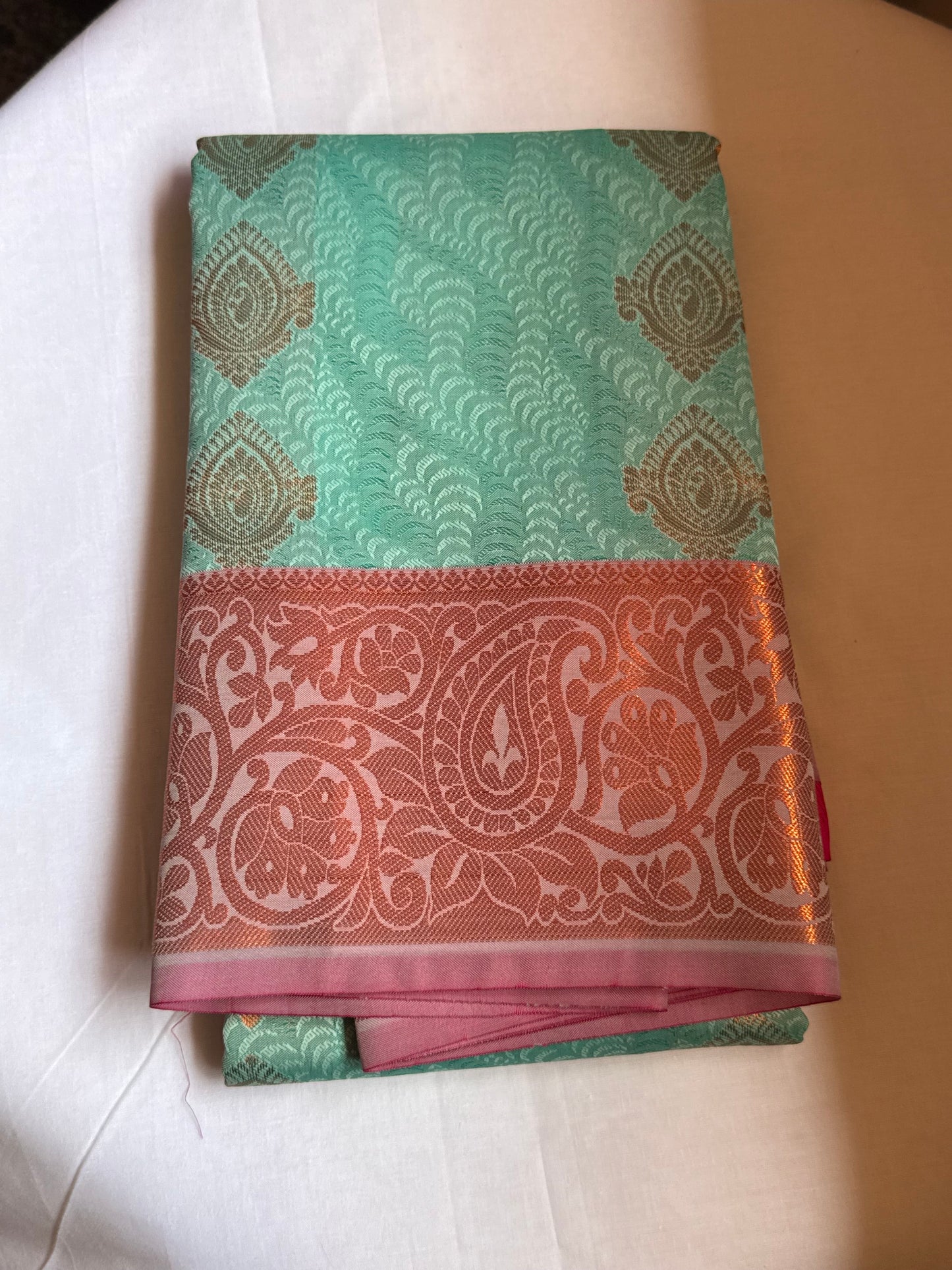 Aqua teal & red semi silk saree