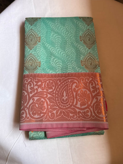 Aqua teal & red semi silk saree