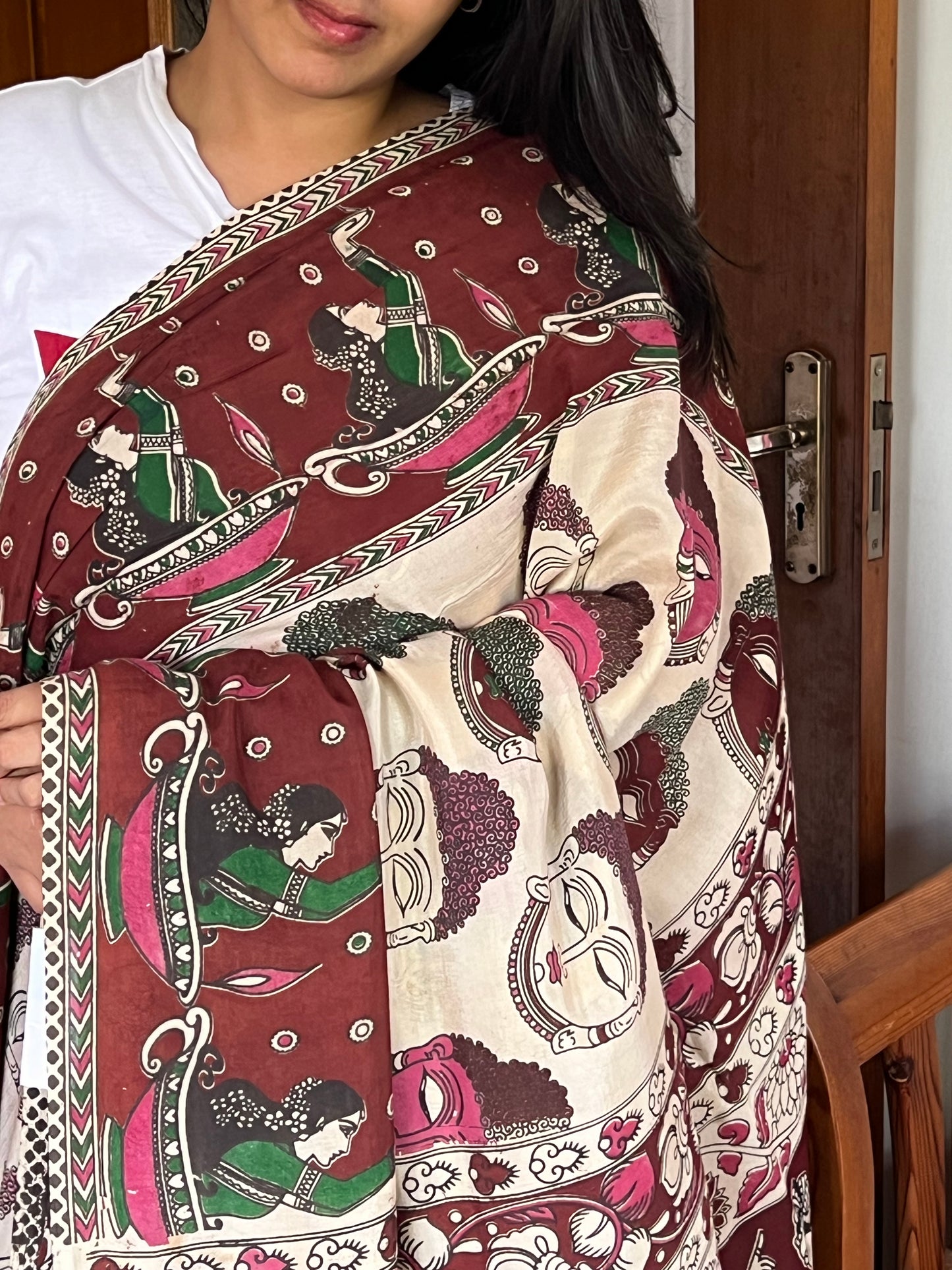 Beige & maroon cotton Kalamkari  saree