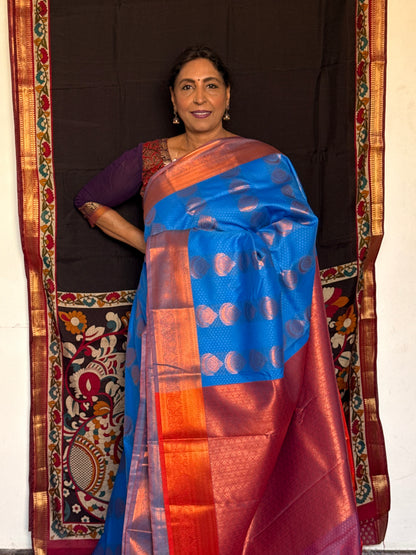 Ink Blue & red semi silk saree