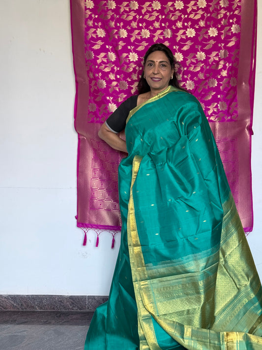 Blue green toned pure silk saree