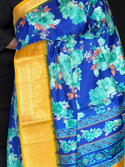 Blue semi printed crepe saree