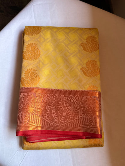 Chic Yellow & red semi silk saree