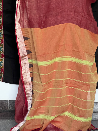 Brick red and green linen cotton saree