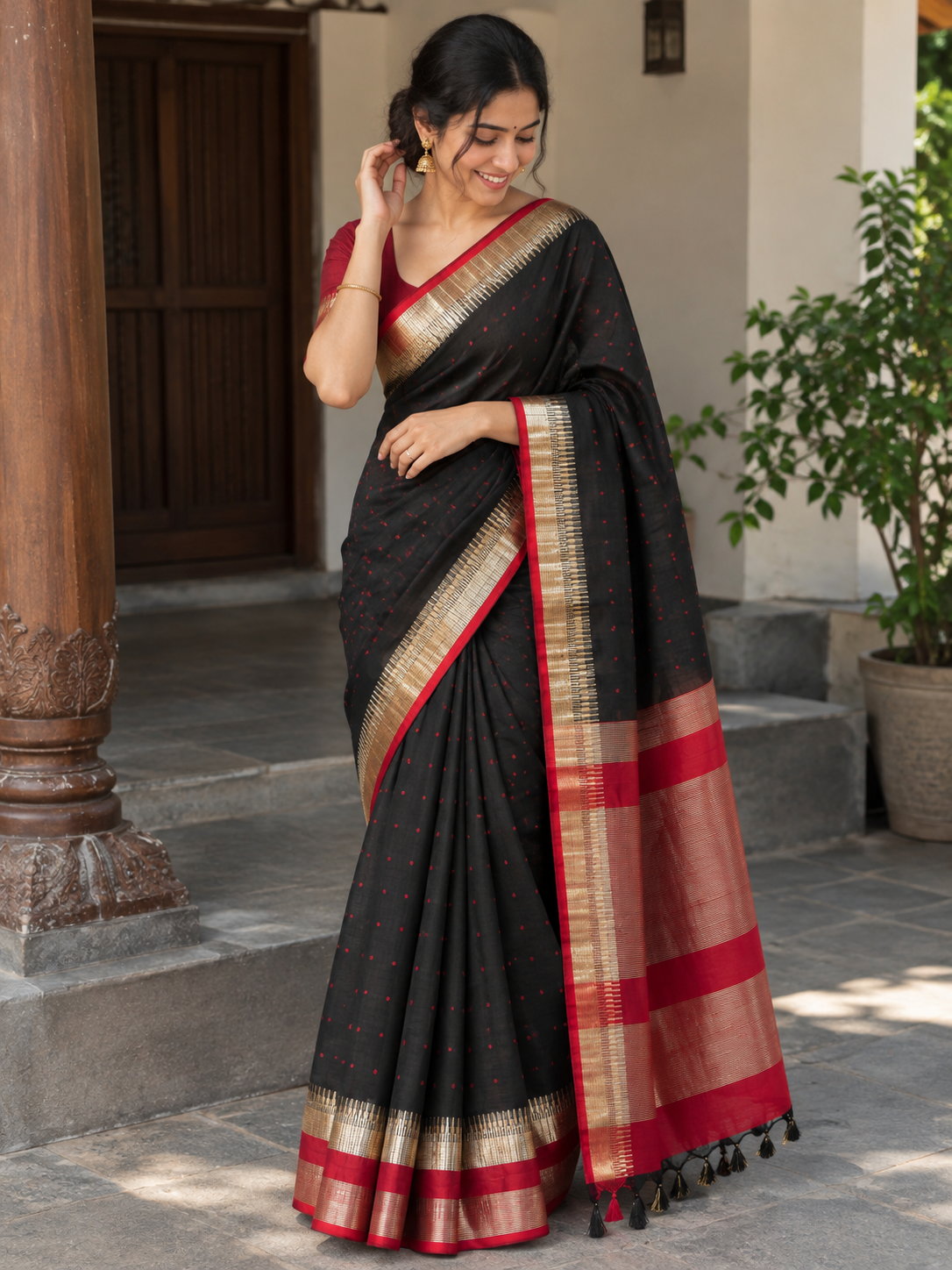 Black and red semi silk saree