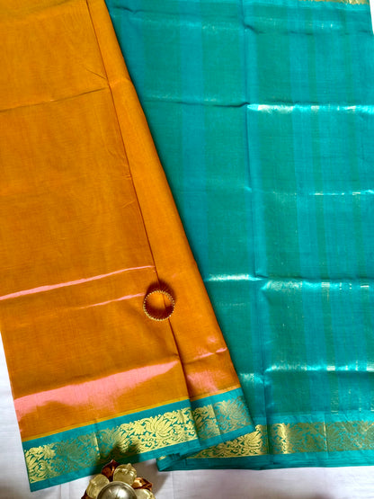 Pure Silk Cotton saree - Peach and Turquoise