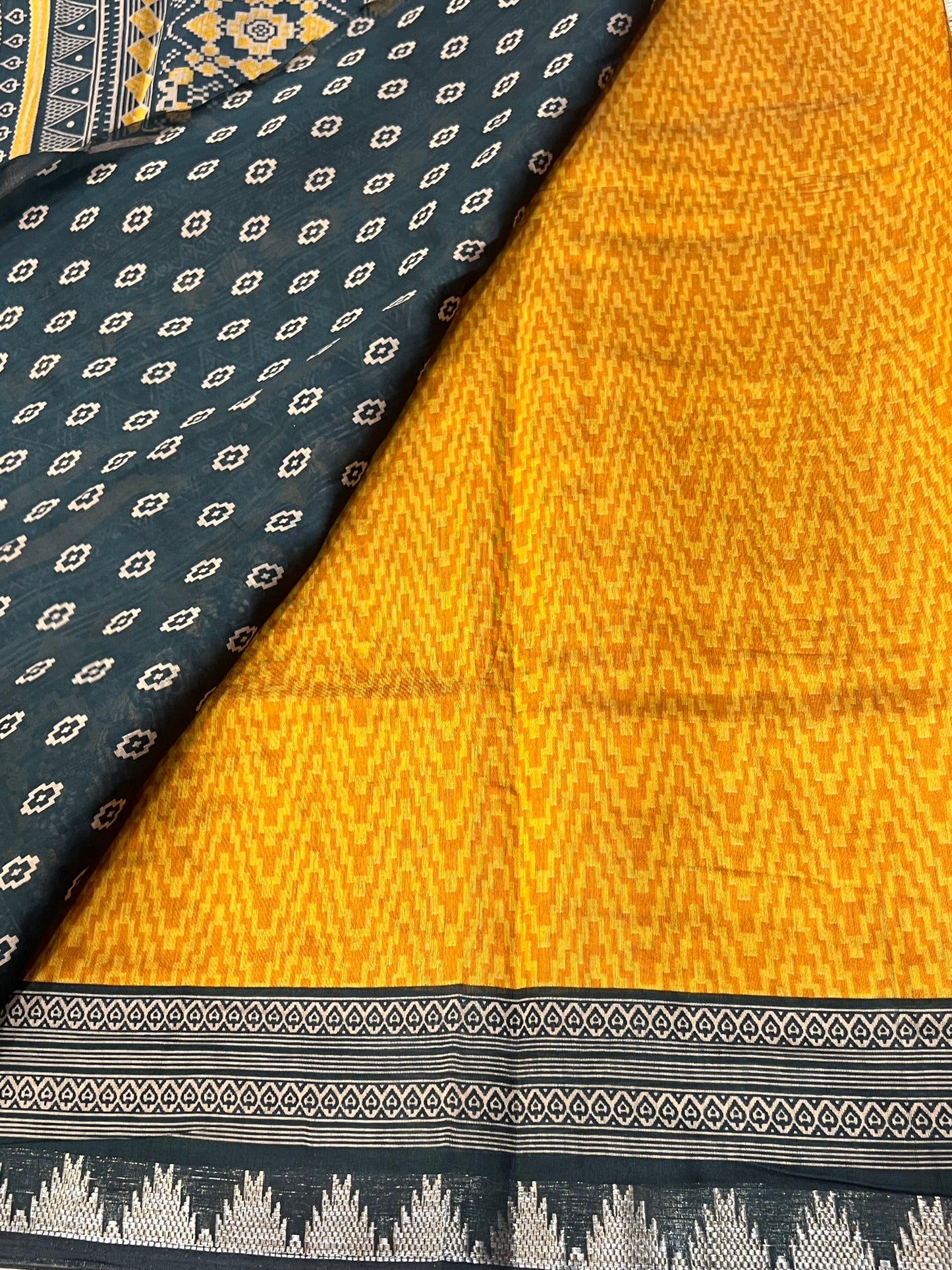 Mustard and black semi silk cotton saree