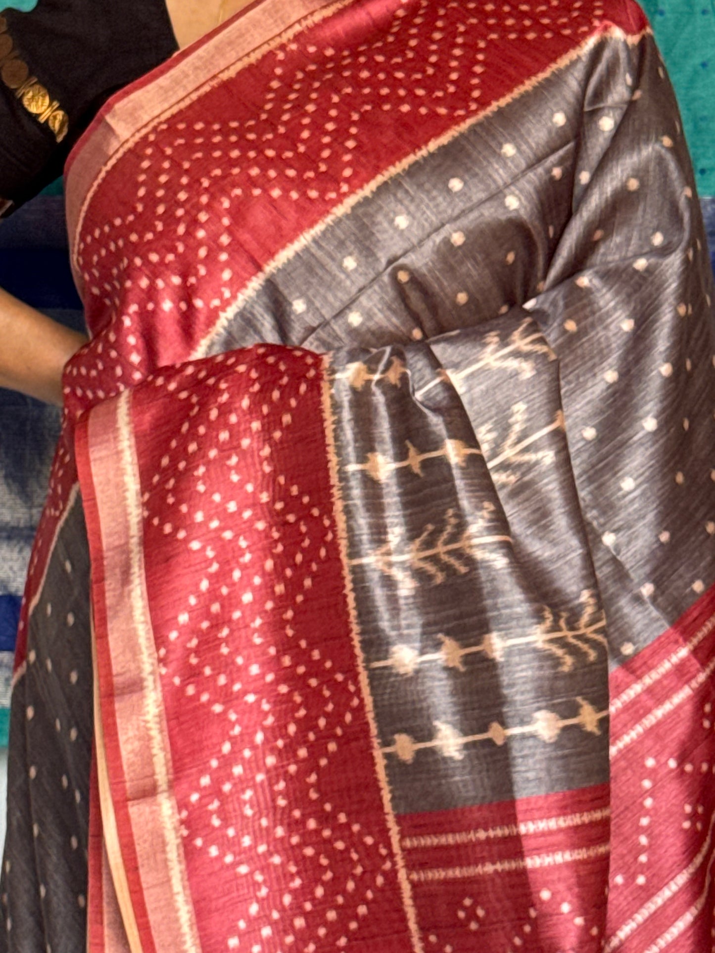 Grey and red semi tussar saree