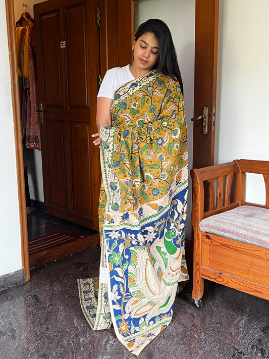Mustard Kalamkari cotton saree