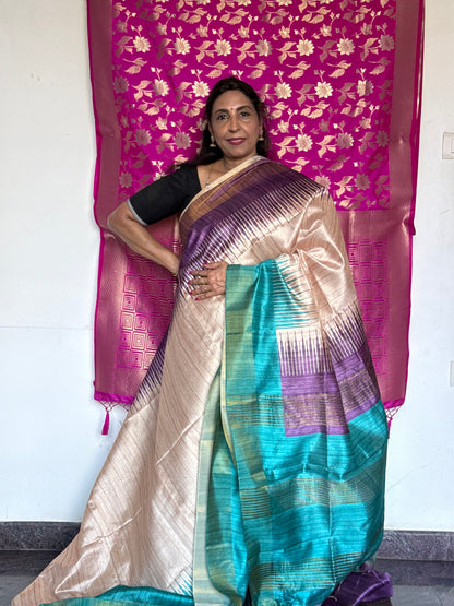 Semi tussar saree with contrast blue & purple