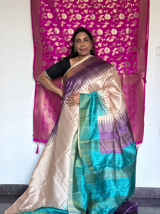 Semi tussar saree with contrast blue & purple