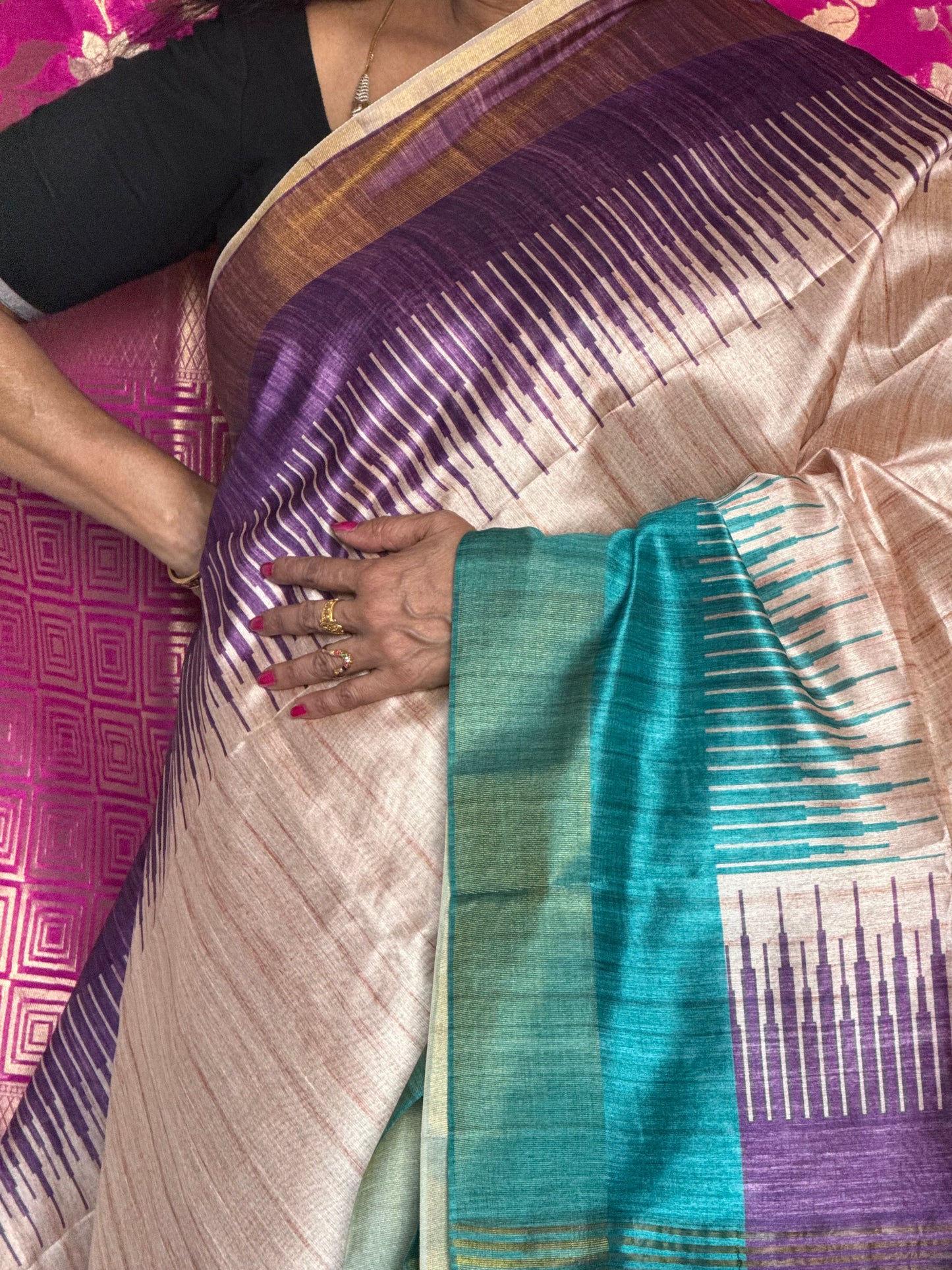 Semi tussar saree with contrast blue & purple