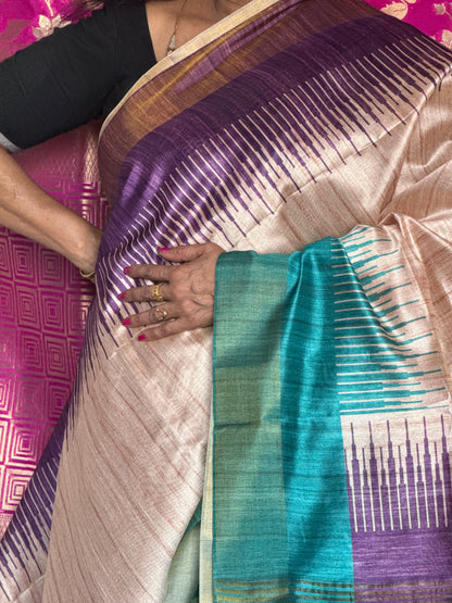 Semi tussar saree with contrast blue & purple