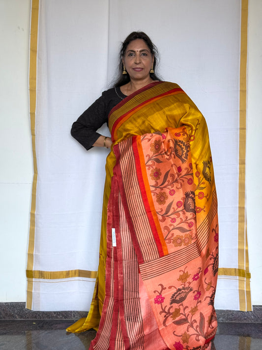 Murshidabad Silk saree - Mustard & Peach