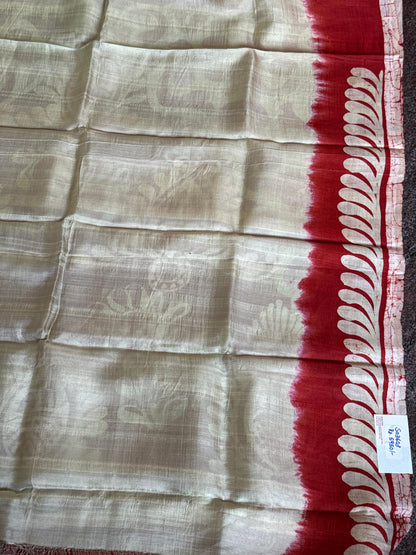 Printed Tussar silk saree with maroon pallu