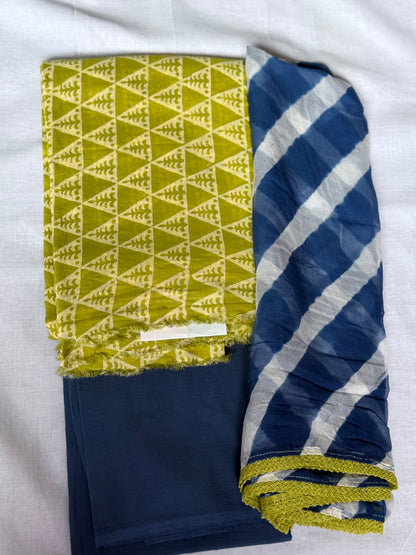 Unstitched green & blue cotton salwar suit