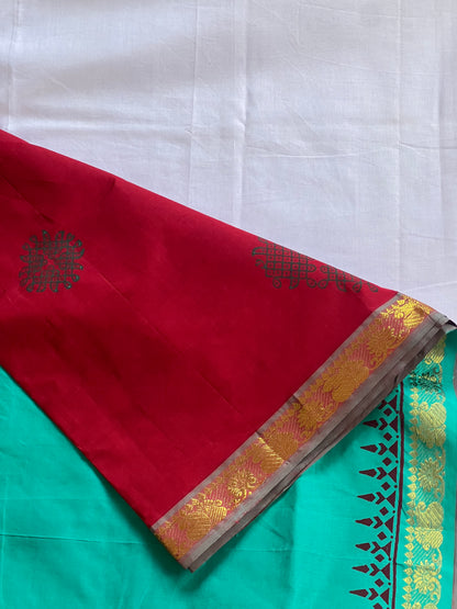 Maroon & teal kolam semi silk cotton
